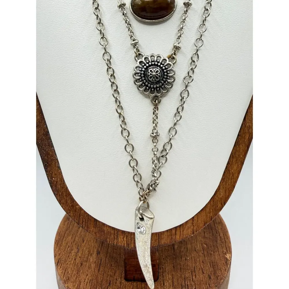 Y2K Layered Mixed Metal Charm Necklace | Faux Tiger Eye & Tusk Pendant